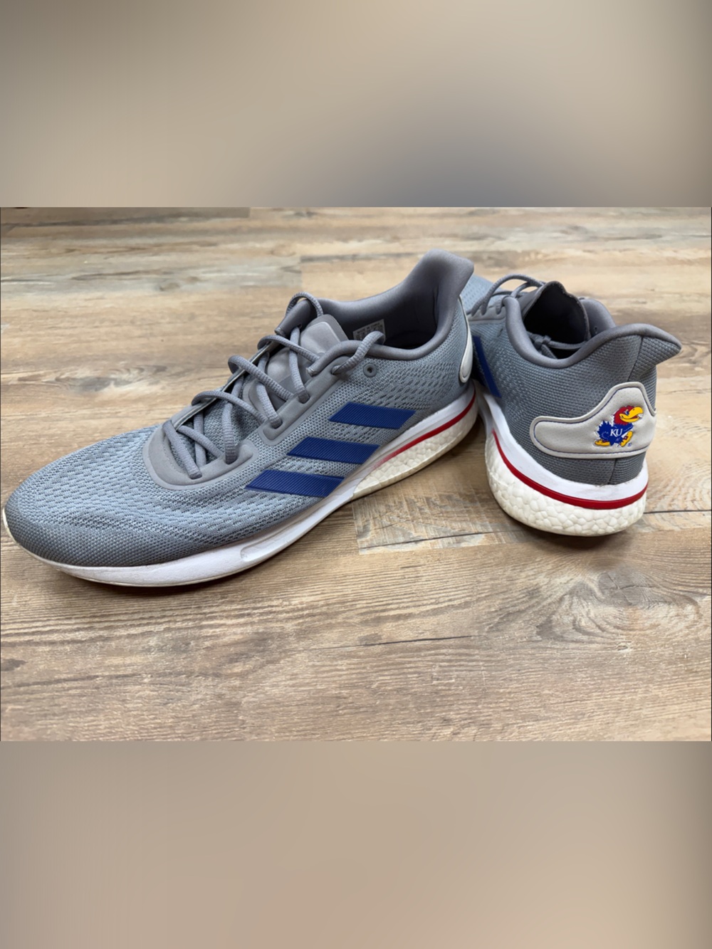 adidas Men’s Gray Sneakers with Blue Stripes and Red Trim KU Jayhawks